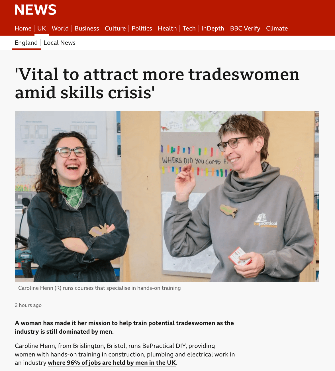 BBC article about bePractical supporting women into the Trades